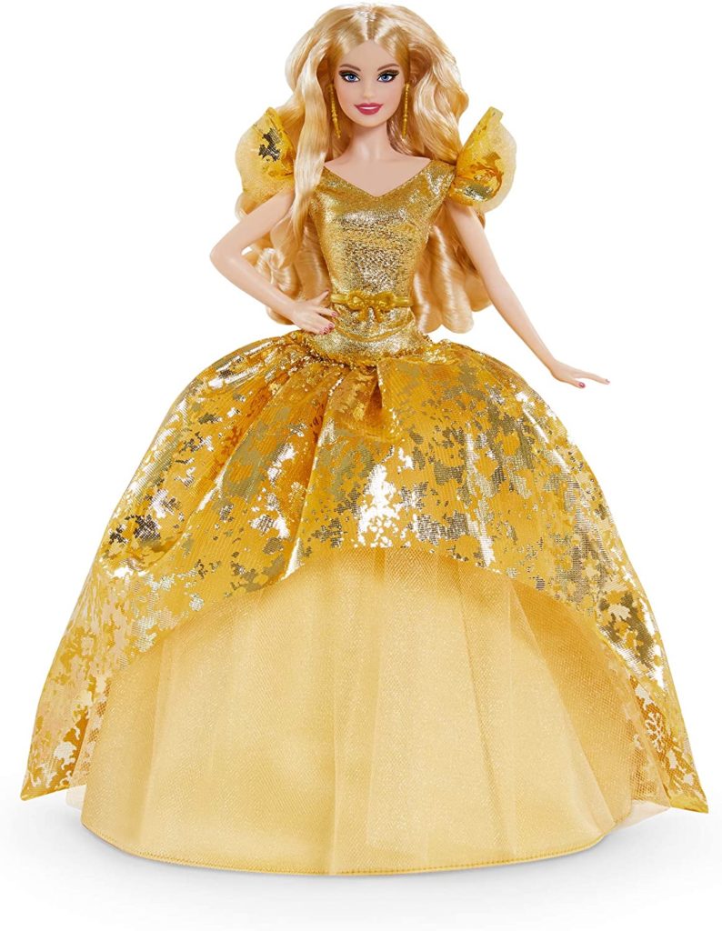 Bambola Barbie Magia delle Feste 2020 bionda capelli lunghi colore abito oro luccicante Natale Capodanno 2021 orecchini pendenti dorati prezzo vendita