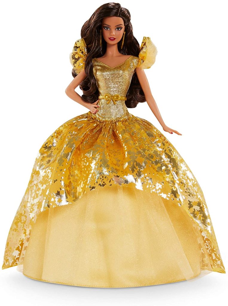 Bambola Barbie Magia delle Feste 2020 castana latina capelli lunghi abito dorato luccicante Natale Capodanno 2021 orecchini pendenti dorati prezzo vendita online