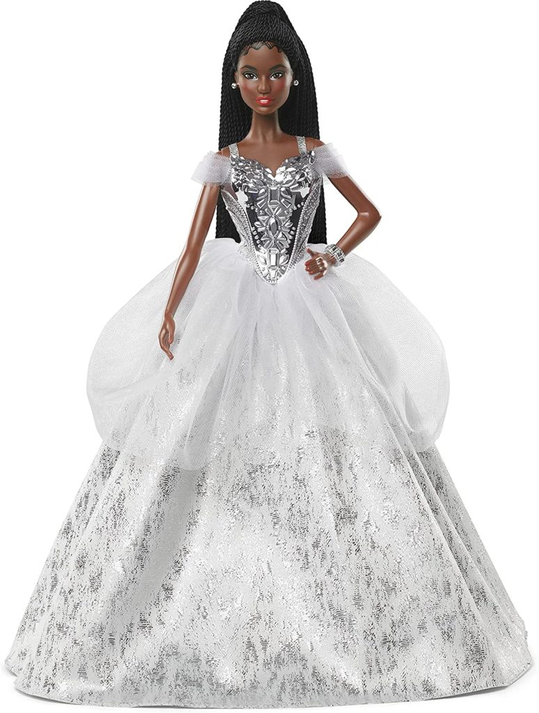 Bambola Barbie Magia delle Feste 2021 Bruna Afro Americana capelli lunghi ondulati vestito argentato per Natale Capodanno 2022 costo
