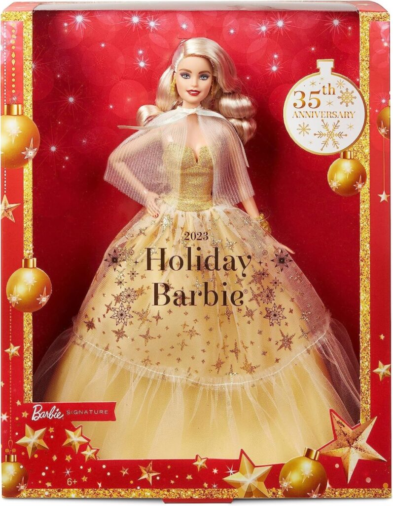 Confezione regalo Barbie Magia delle Feste 2023 Dove comprare bionda capelli lunghi abito color oro Natale Capodanno 2024